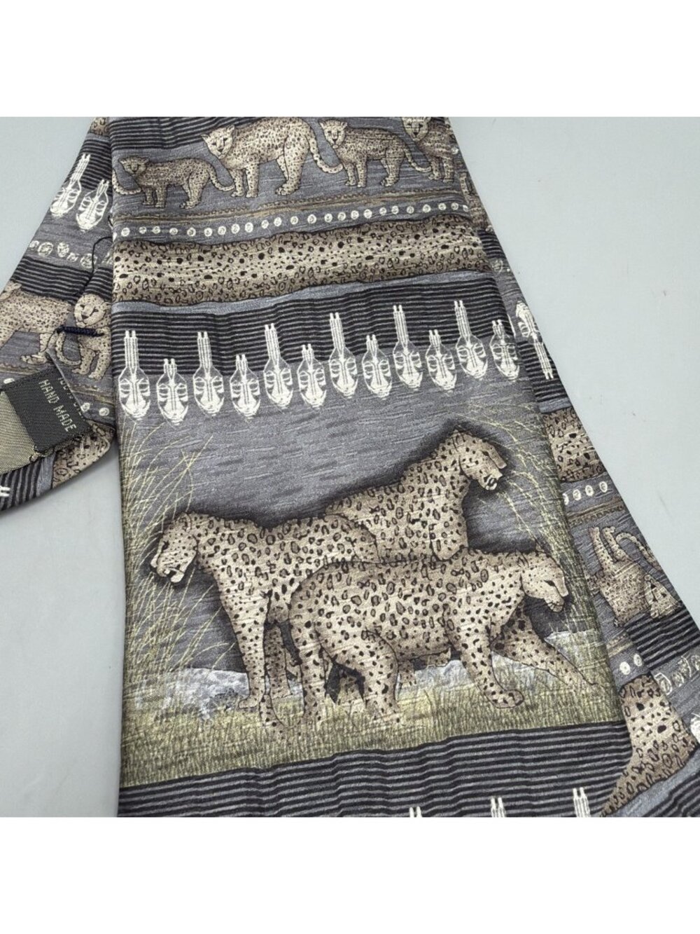 Silk Neck Tie Tesoro Rosso Handmade Cheetah Leopard Safari Tribal Masks Gray